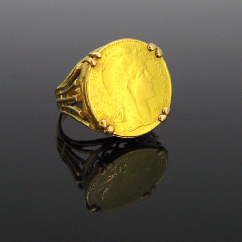 Vintage Marianne 10 Francs Coin Ring, 18kt and 21.5kt Yellow Gold Circa 1950
