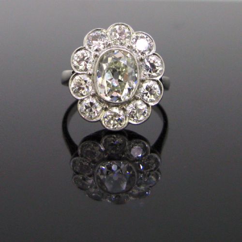 1.60 Carat Oval Cushion Cut Diamond Cluster Edwardian Platinum Engagement Ring
