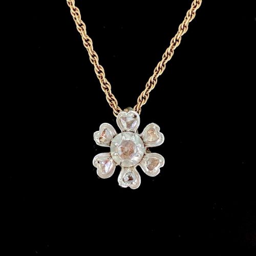 Antique Georgian Rose Cut Diamonds Flower Pendant, 18kt Yellow Gold and Silver,