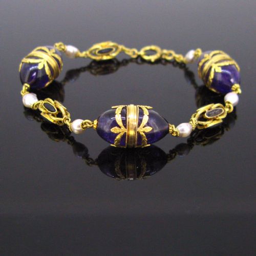 French Victorian Napoléon III Amethyst Jet Pearls Bracelet