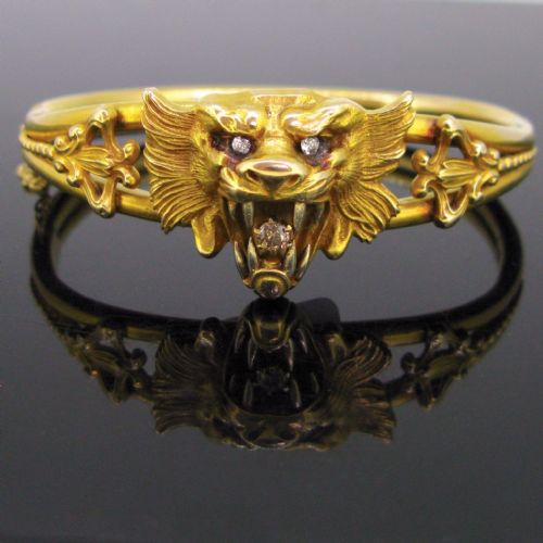 Art Nouveau Chimera Lion Diamonds Yellow Gold Bangle Bracelet