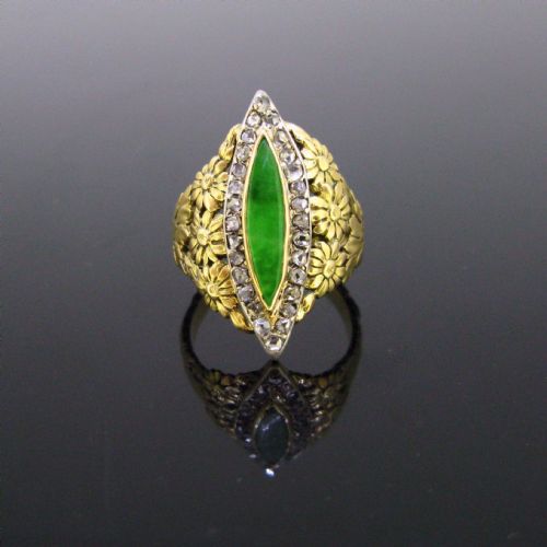 fig 1. Art Nouveau Jadeite Jade Diamonds Yellow Gold Platinum Marquise Ring