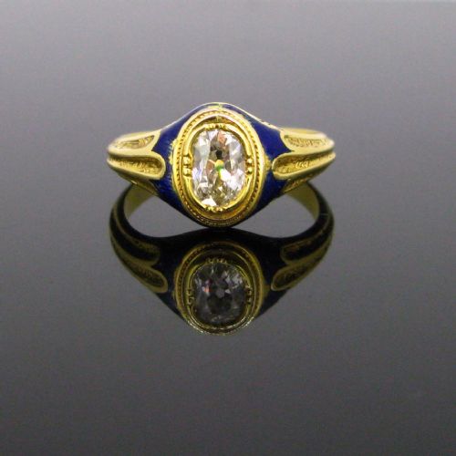 Antique Victorian Navy Blue Enamel Cushion Cut Diamond Ring, 18kt Yellow, Circa 1880