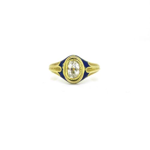 fig 1. Antique Victorian Navy Blue Enamel Cushion Cut Diamond Ring, 18kt yellow, circa 1880