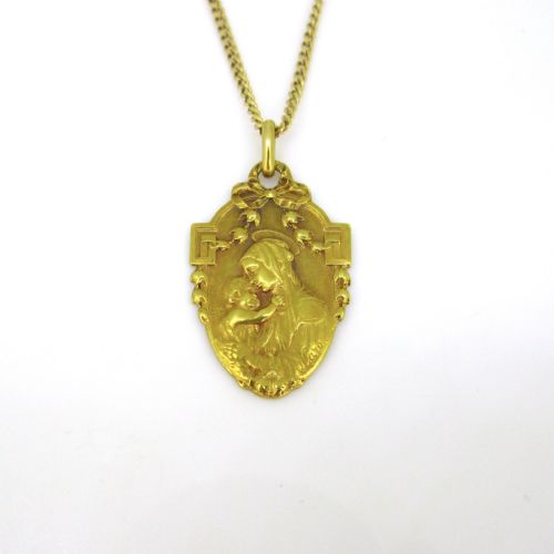 fig 1. Antique Art Nouveau Virgin and Child Religious Medal, by Karo, 18kt yellow gold, France, circa 1900