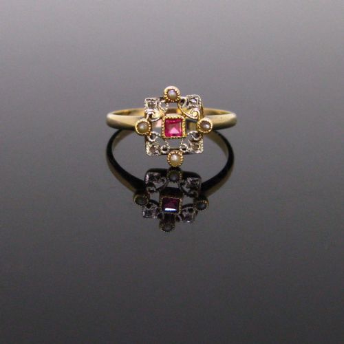Antique Paste Pink Stone Seed Pearls and Rose Cut Diamonds Ring, 18kt Rose and Yellow Gold, Circa 1910