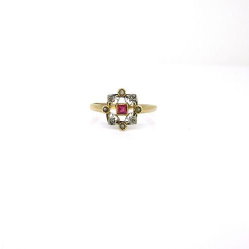 fig 1. Antique Paste Pink Stone Seed Pearls and rose cut Diamonds Ring, 18kt Rose and Yellow Gold, circa 1910