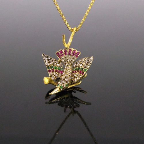 Antique Victorian Emerald, Ruby and Rose Cut Diamonds Bird on a Branch Pendant, 18kt Yellow Gold, Circa 1890, Austria