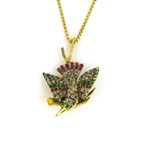 fig 1. Antique Victorian Emerald, Ruby and Rose cut Diamonds Bird on a branch pendant, 18kt yellow gold, circa 1890, Austria