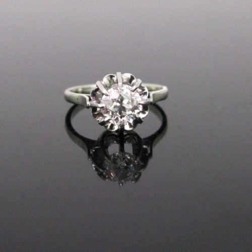 French Retro Solitaire Diamond Ring, 18kt White Gold and Platinum, by Giboulet, Circa 1940