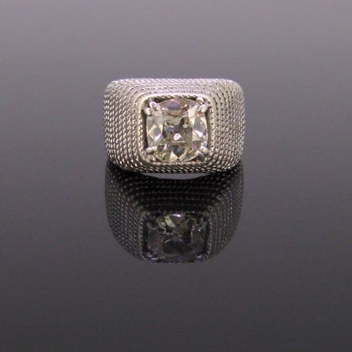 Retro 1.60ct Square Cushion Cut Diamond Signet Ring, 18kt White Gold, Circa 1930