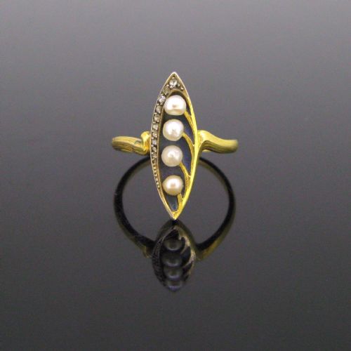 Antique Art Nouveau Pearls and Diamonds Plique a Jour Ring, 18kt Gold and Platinum, Circa 1900, France
