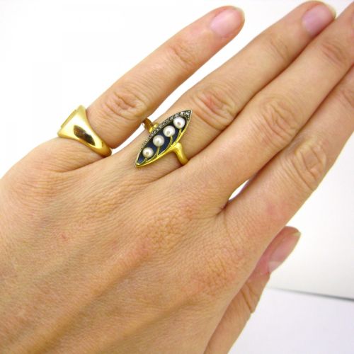 fig 1. Antique Art Nouveau Pearls and Diamonds Plique a Jour Ring, 18kt gold and platinum, circa 1900, France