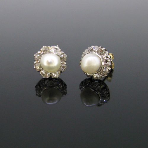 Antique Edwardian Natural Pearls & Diamonds Studs Earrings, 18kt Yellow Gold and Platinum, Circa 1910