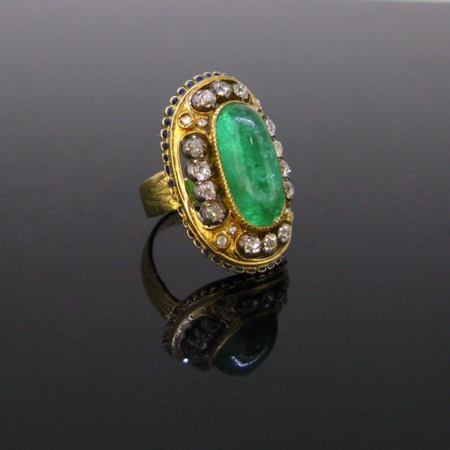 Antique Victorian Cabochon Cut Emerald and Diamonds Enamel Ring, 18kt Yellow Gold and Silver, France, Circa 1880
