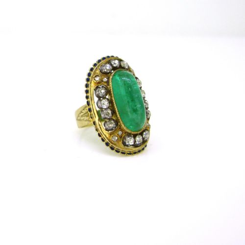 fig 1. Antique Victorian Cabochon Cut Emerald and Diamonds Enamel Ring, 18kt yellow gold and silver, France, circa 1880
