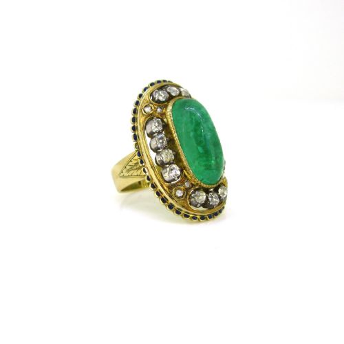 fig 2. Antique Victorian Cabochon Cut Emerald and Diamonds Enamel Ring, 18kt yellow gold and silver, France, circa 1880