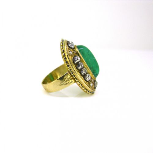 fig 3. Antique Victorian Cabochon Cut Emerald and Diamonds Enamel Ring, 18kt yellow gold and silver, France, circa 1880