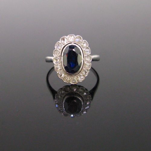 Sapphire and Rose Cut Diamonds Cluster Ring, 18kt White Gold and Platinum, Circa 1925