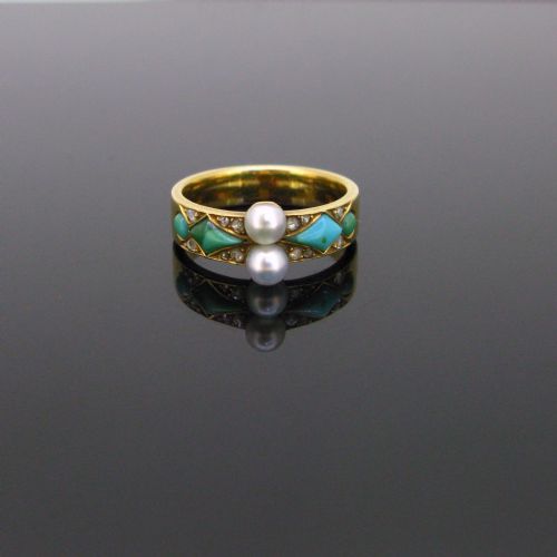 Antique Victorian Natural Pearls Turquoises Diamonds Ring, 18kt Yellow Gold, France, Circa 1880