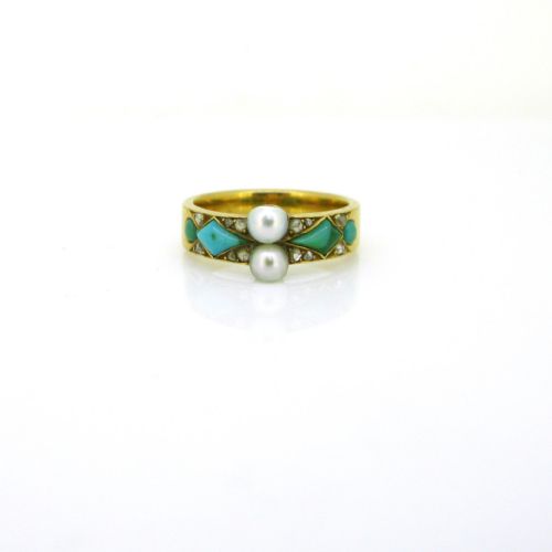 fig 1. Antique Victorian Natural Pearls Turquoises Diamonds Ring, 18kt yellow Gold, France, circa 1880