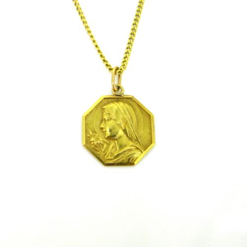fig 1. Art Deco Saint Religious Medal Pendant by Tschudin, 18kt Yellow Gold, France, circa 1935