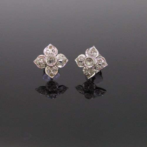 Antique Victorian Rose Cut Diamonds Flowers Studs, Silver and 12kt Gold, Circa 1880