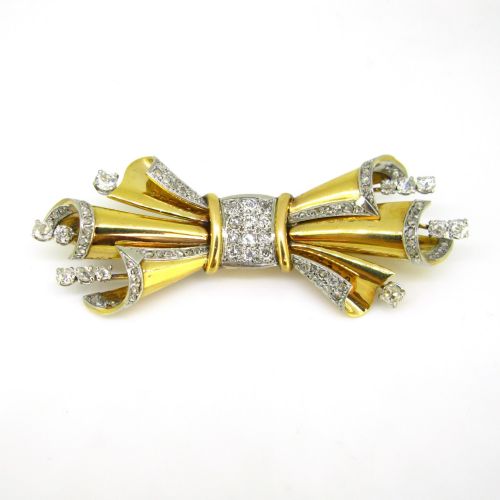 fig 1. Retro Diamond Bow Ribbon Brooch, 18kt Yellow Gold and Platinum, circa 1940