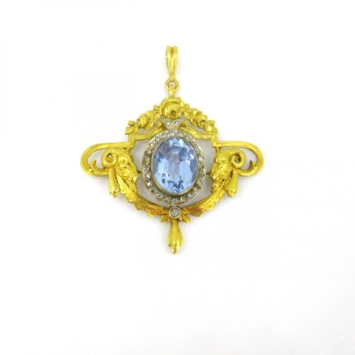 fig 1. Antique Art Nouveau Rams Head Synthetic Blue Spinel & Diamonds Pendant, 18kt yellow gold and platinum, France, circa 1905