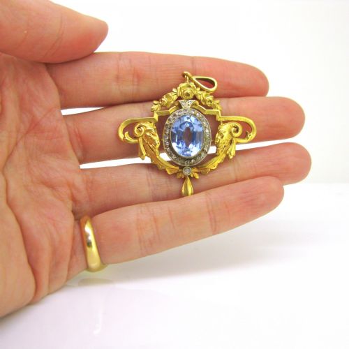 fig 2. Antique Art Nouveau Rams Head Synthetic Blue Spinel & Diamonds Pendant, 18kt yellow gold and platinum, France, circa 1905