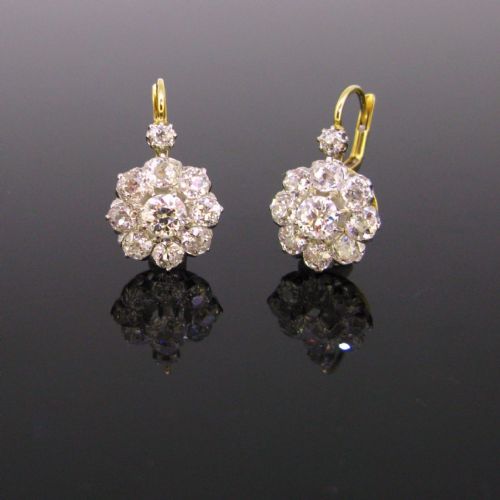 Antique Belle Epoque Diamonds Dormeuses Earrings in Their Box, 18kt Gold and Platinum, France, Circa 1910