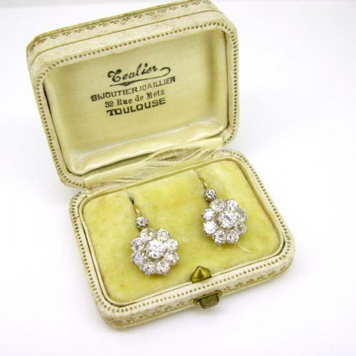 fig 1. Antique Belle Epoque Diamonds Dormeuses Earrings in their box, 18kt gold and platinum, France, circa 1910