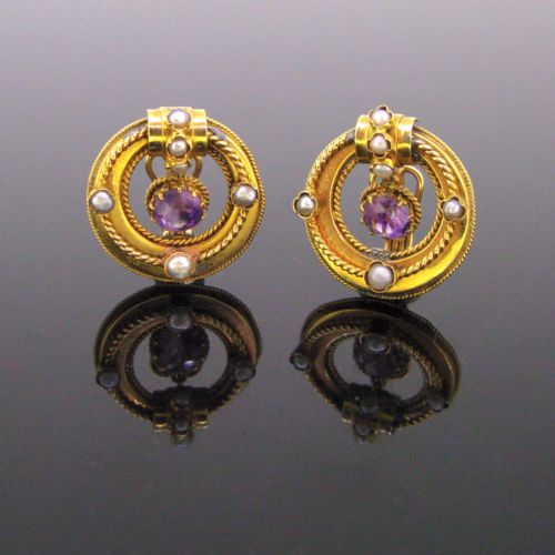 Victorian Amethysts and Seed Pearls Earrings Clip, 18kt Yellow Gold, Circa 1880