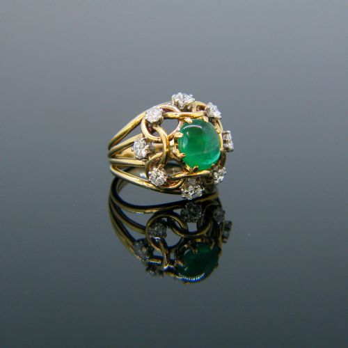 Retro Emerald Cabochon and Diamond Ring, 18kt Yellow Gold, Circa 1960