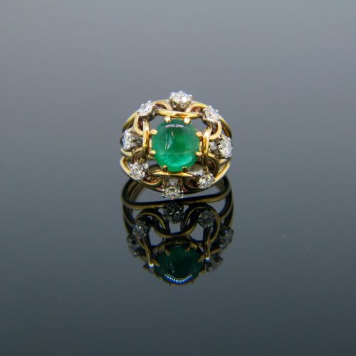 fig 1. Retro Emerald Cabochon and Diamond Ring, 18kt Yellow Gold, circa 1960