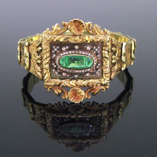 Antique Victorian Emeralds and Diamonds Bracelet, 14kt Yellow Gold and Silver, Circa 1880