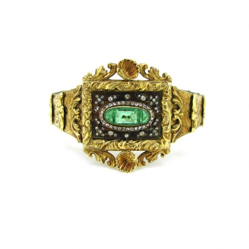 fig 1. Antique Victorian Emeralds and Diamonds Bracelet, 14kt yellow gold and silver, circa 1880