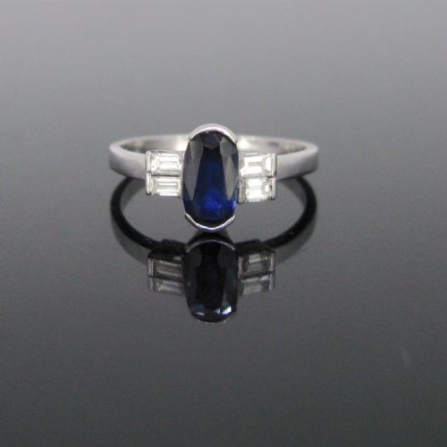 Vintage Sapphire and Diamonds Ring, 18kt White Gold, Circa 1940