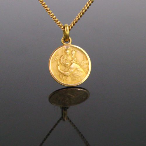 Vintage St Christophe Medal Pendant by Becker, France, 18kt Yellow Gold