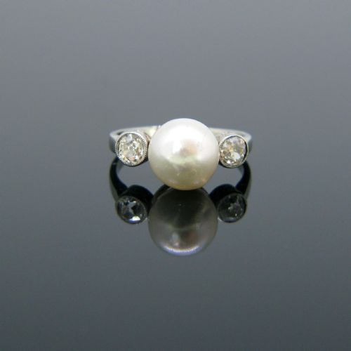 Reserved Art Deco Cultured Pearl and Diamonds Ring, Platinum, Circa 1925