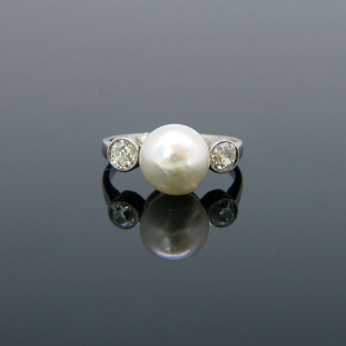 fig 1. RESERVED Art Deco Cultured Pearl and Diamonds Ring, Platinum, circa 1925