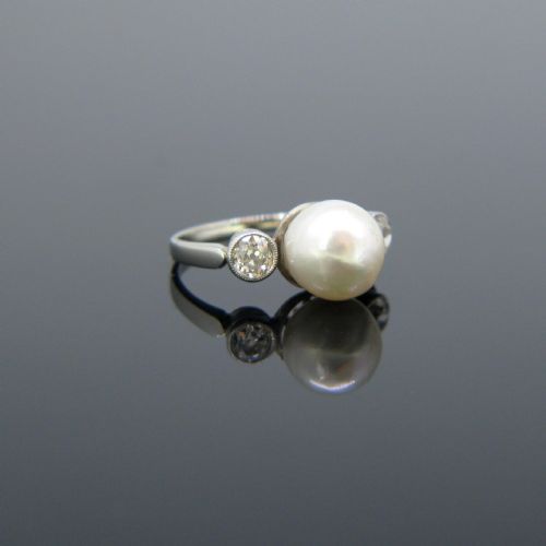 fig 2. RESERVED Art Deco Cultured Pearl and Diamonds Ring, Platinum, circa 1925