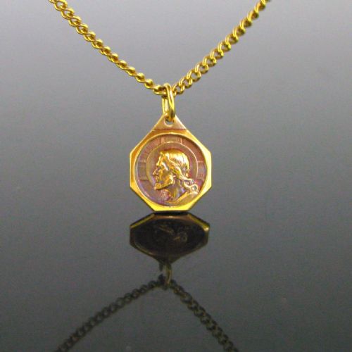 Vintage Octagonal Italian Christ Dio Ti Protega Pendant, 18kt Yellow Gold