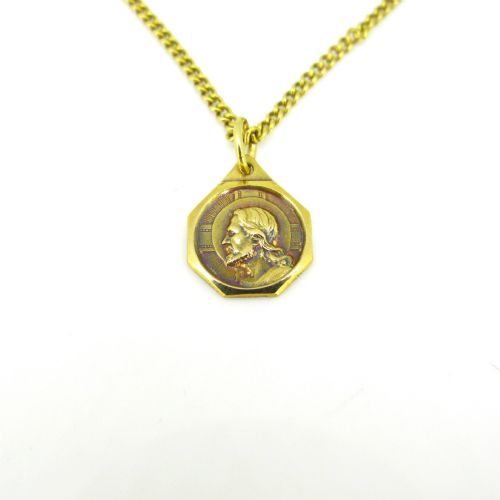 fig 1. Vintage Octagonal Italian Christ Dio ti Protega pendant, 18kt yellow gold
