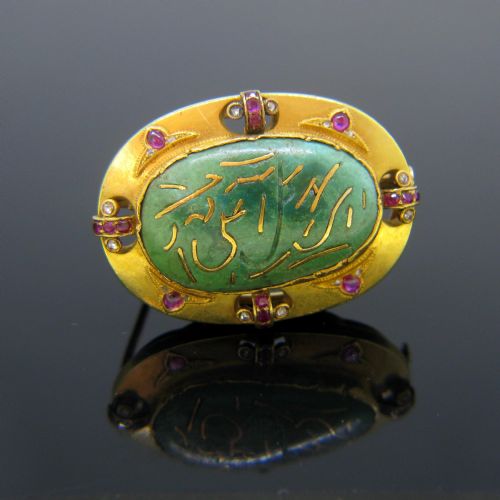 Antique Turquoise Rubies and Rose Cut Diamonds Brooch, 18kt Yellow Gold, Circa 1900