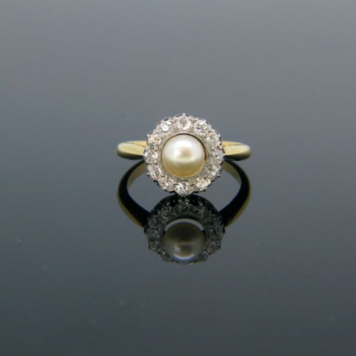 Antique Edwardian Pearl Old Cut Diamonds Cluster Ring, 18kt Yellow Gold and Platinum, Circa 1915