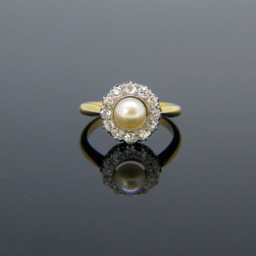 fig 1. Antique Edwardian Pearl Old Cut Diamonds Cluster Ring, 18kt yellow gold and platinum, circa 1915