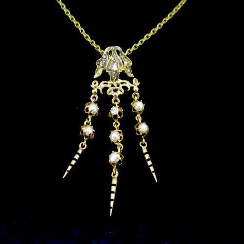 Antique Victorian Diamonds and Pearl Pendant, 18kt Yellow Gold and Enamel, Circa 1880