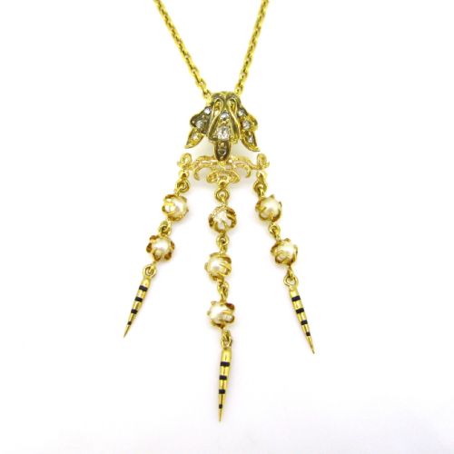 fig 1. Antique Victorian Diamonds and Pearl Pendant, 18kt yellow gold and enamel, circa 1880