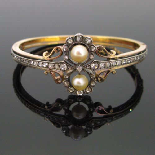 Antique Bangle, Fine Pearls and Diamonds, 18kt Gold and Silver, C.1900